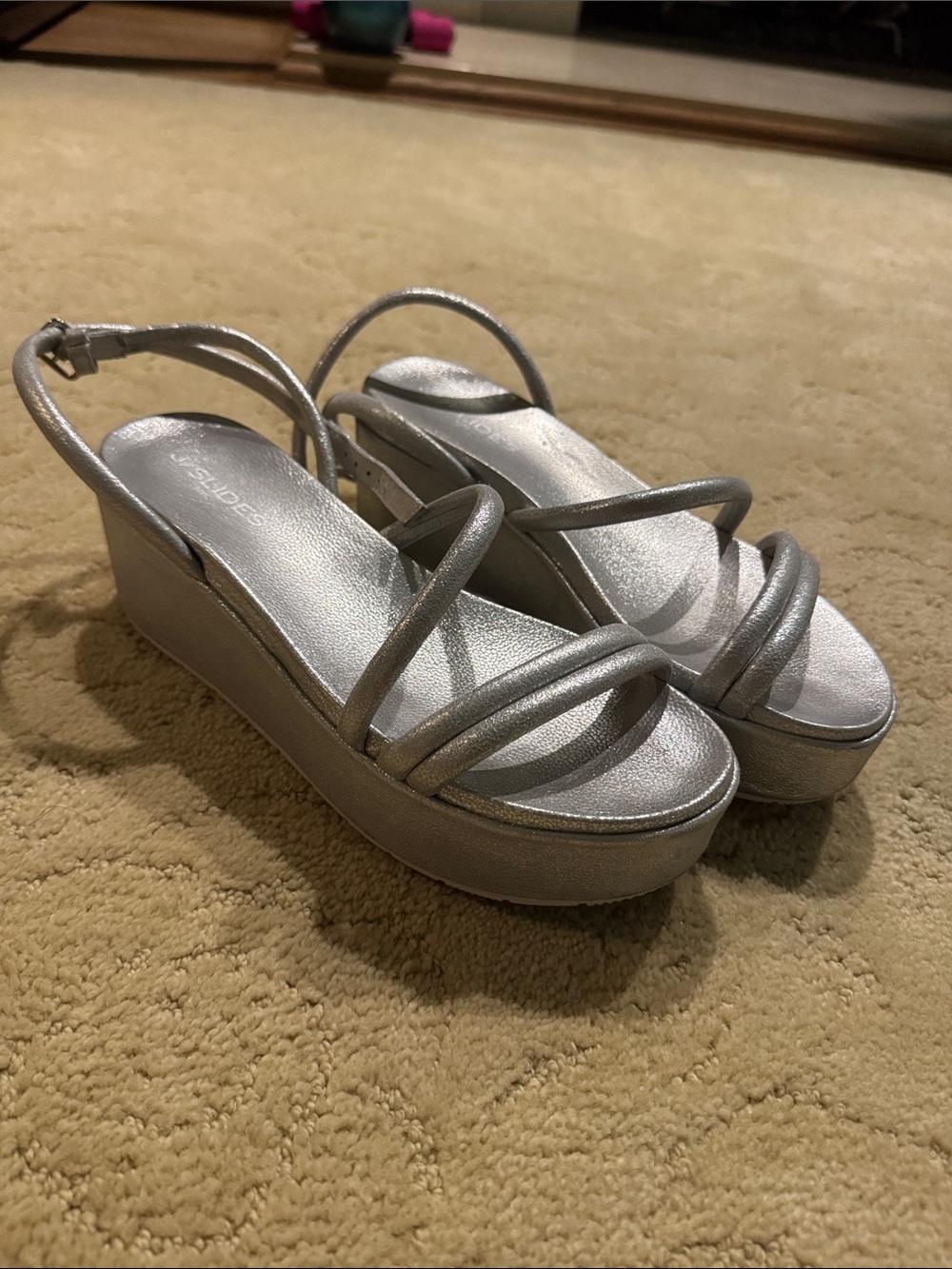 J/SLIDES Silver Metallic Strappy Platform Sandals